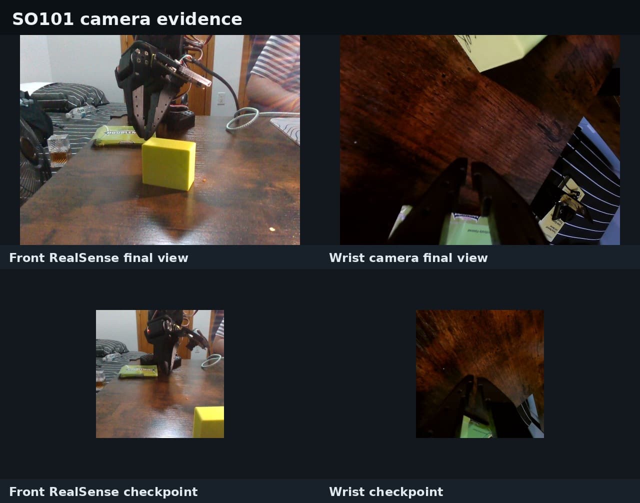 What the policy sees: the scene camera and the wrist camera on the SO-101 workspace